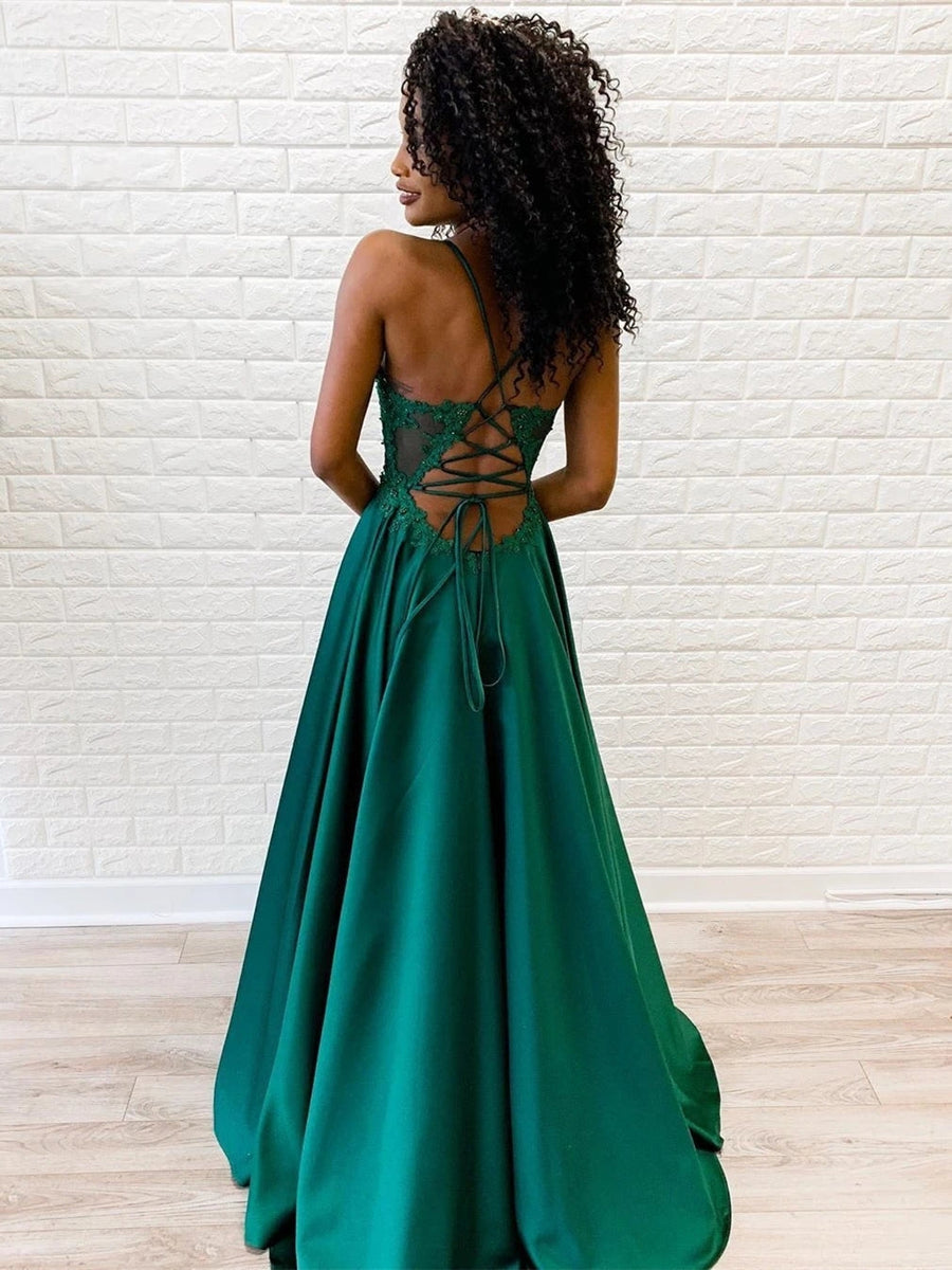 V Neck Backless Fluffy Green Long Prom Dress, Backless Green Formal Ev –  abcprom