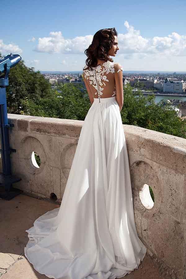 Illusion Neck Cap Sleeve Chiffon Wedding Dress Top Lace Bridal Dress 27prom