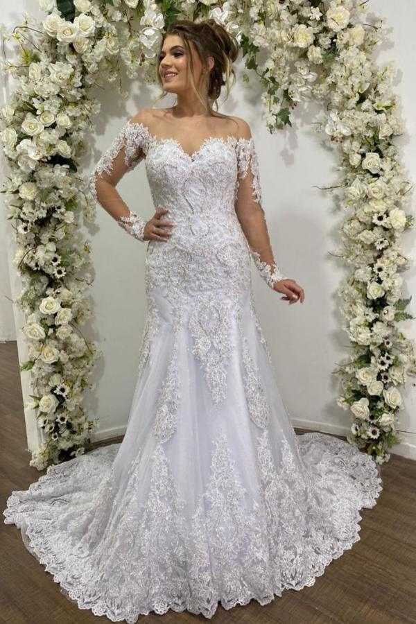 Beautiful Off-the-Shoulder Mermaid Tulle Wedding Dress with Sleeves and Lace