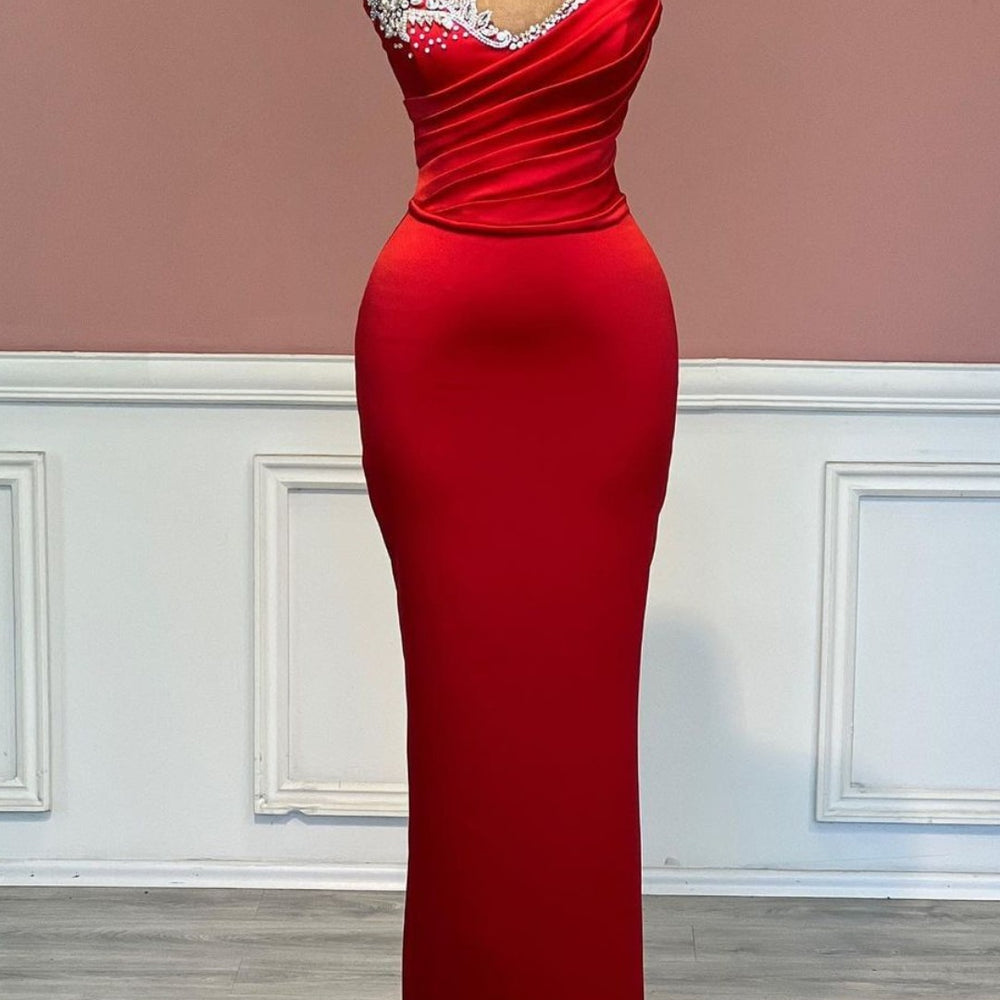 Red One-Shoulder Prom Dress with Beadings and Long Satin Sleeveless