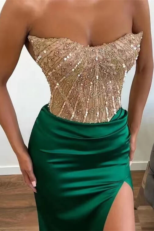 
                      
                        Strapless Green Mermaid Prom Dress with Beadings and Split Applique
                      
                    