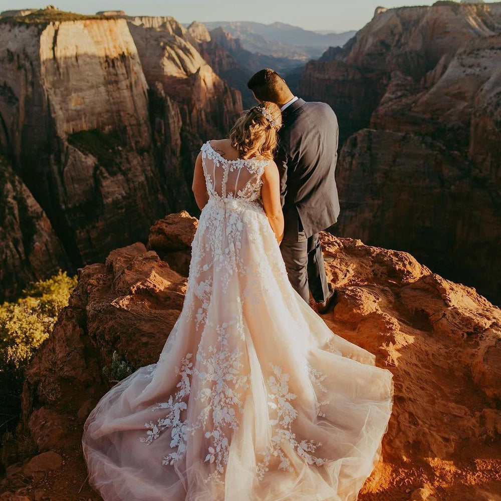 
                      
                        Long A-Line V-Neck Tulle Train Wedding Dress with Lace Appliques
                      
                    