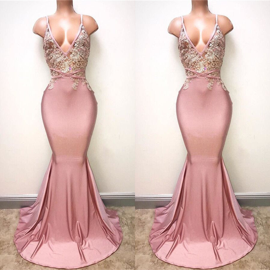 
                      
                        Pink Spaghetti-Straps Mermaid Long Prom Dress with Lace Appliques
                      
                    