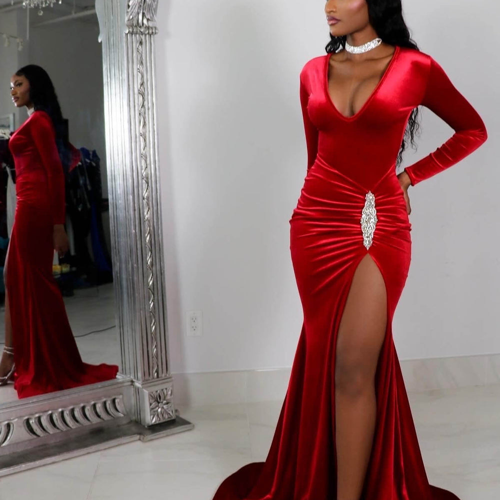 Red Long Sleeve Simple Prom Dress with High Slit and Pleated