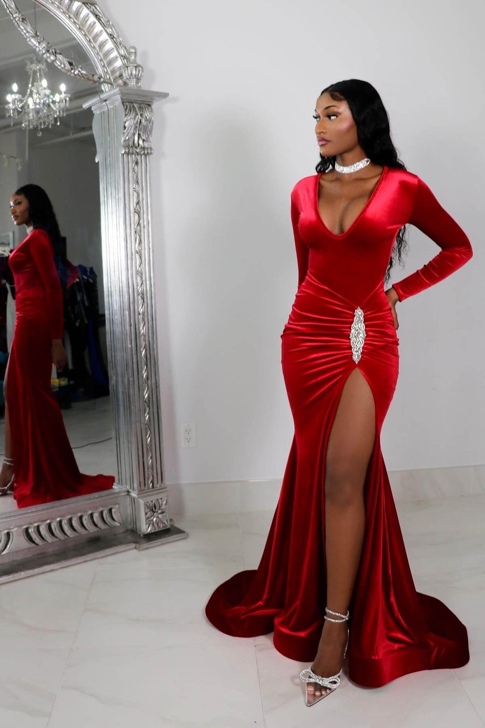 Red Long Sleeve Simple Prom Dress with High Slit and Pleated