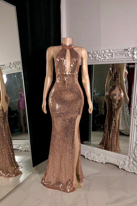 Rose Sleeveless Halter Prom Dress with Sequins and Long Slit