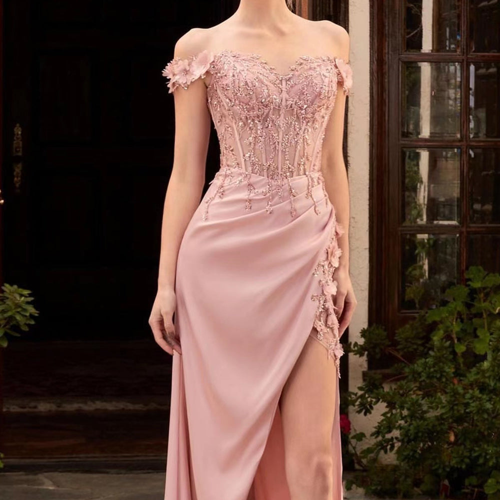 Pink Off-The-Shoulder Mermaid Prom Dress with Applique Split Beadings