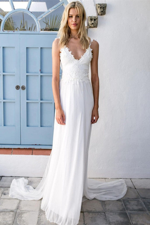 Beach Chiffon Wedding Dress with Lace Appliques