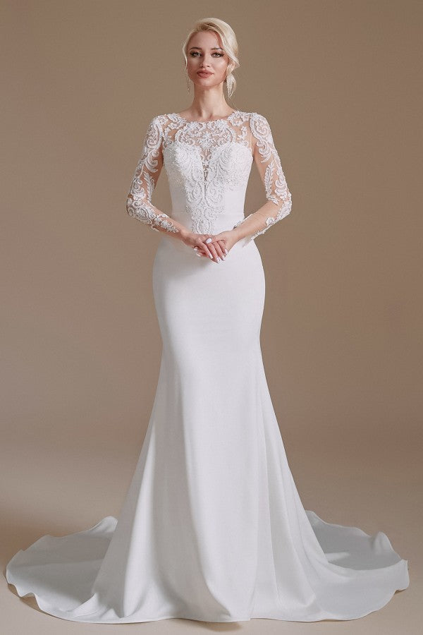 Jewel Neck Satin Lace Long Sleeve Mermaid Wedding Dress