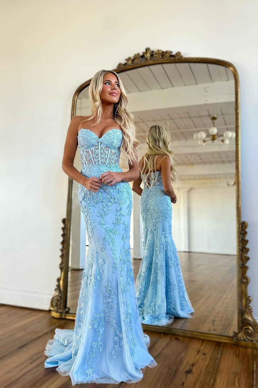 Baby Blue Prom Dress Ball Gown with Mermaid Appliques