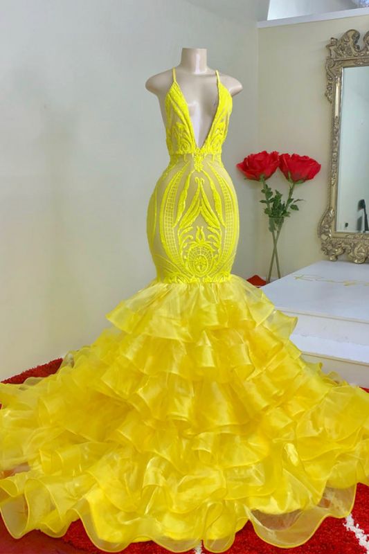 Yellow Lace Spaghetti-Straps Mermaid Prom Dress with Ruffles