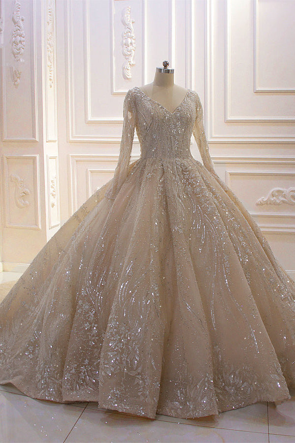 Long Sleeve V-Neck Ball Gown Wedding Dress with Sequins, Beading, and Ruffles