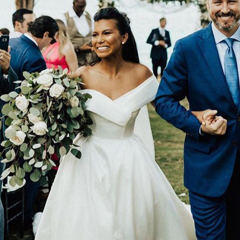 White V-Neck Off-the-Shoulder Ball Gown Wedding Dress with Lace