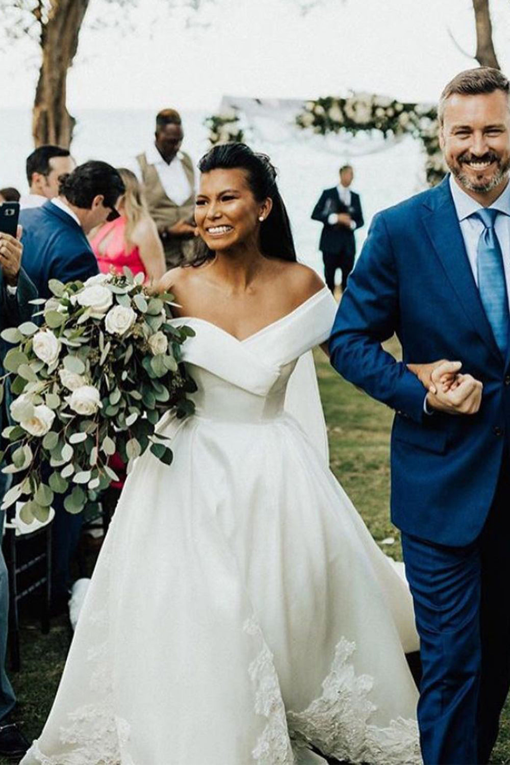 White V-Neck Off-the-Shoulder Ball Gown Wedding Dress with Lace