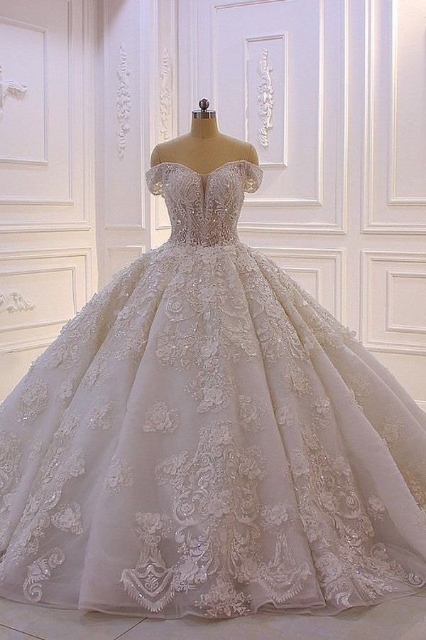 Off-the-shoulder A-Line Wedding Dress With Long Sleeves Appliques