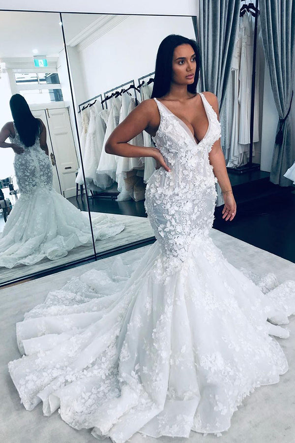 Floral Sleeveless Beaded Strap Mermaid Wedding Dress with V-Neck