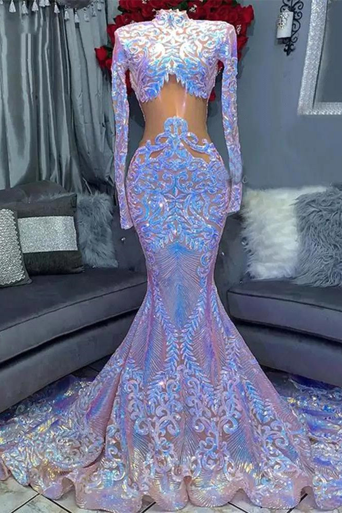 High Neck Long Sleeve Sequined Lace Mermaid Prom Dress