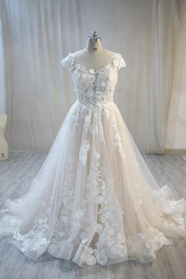 A-Line Bateau Backless Floor-Length Wedding Dress with Lace Tulle Appliques