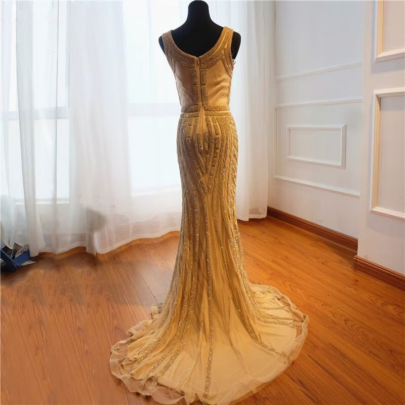 
                      
                        Gold Sequin Mermaid Prom Dress, V-Neck, Long Sleeveless
                      
                    