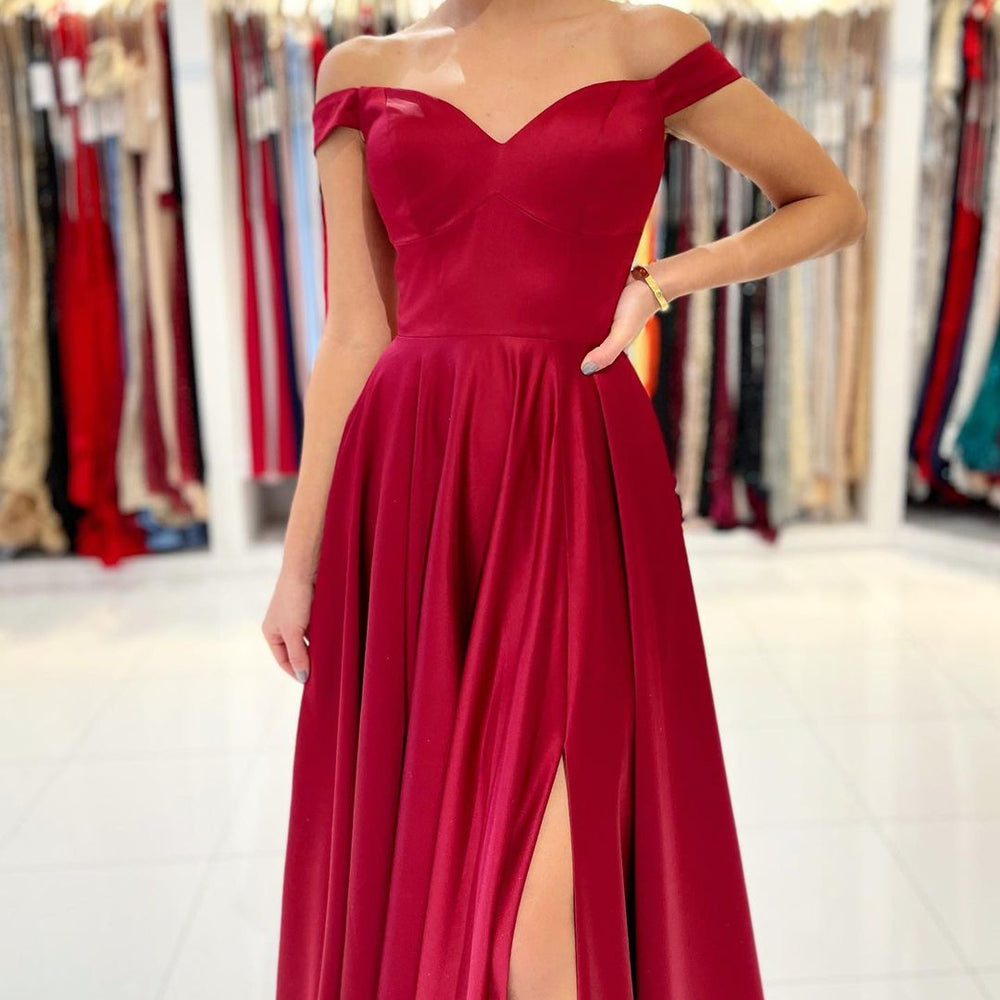 
                      
                        Off-the-Shoulder Burgundy Prom Dress with Slit
                      
                    