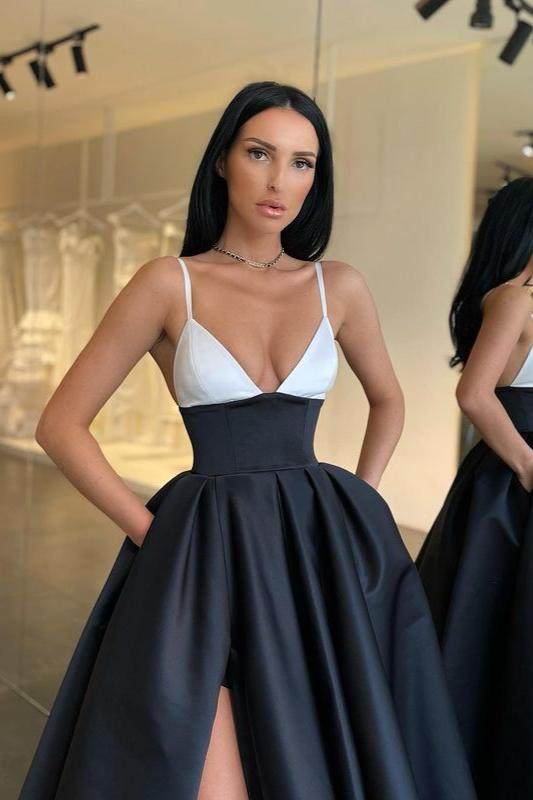 
                      
                        Black and White Spaghetti-Straps Prom Dress
                      
                    