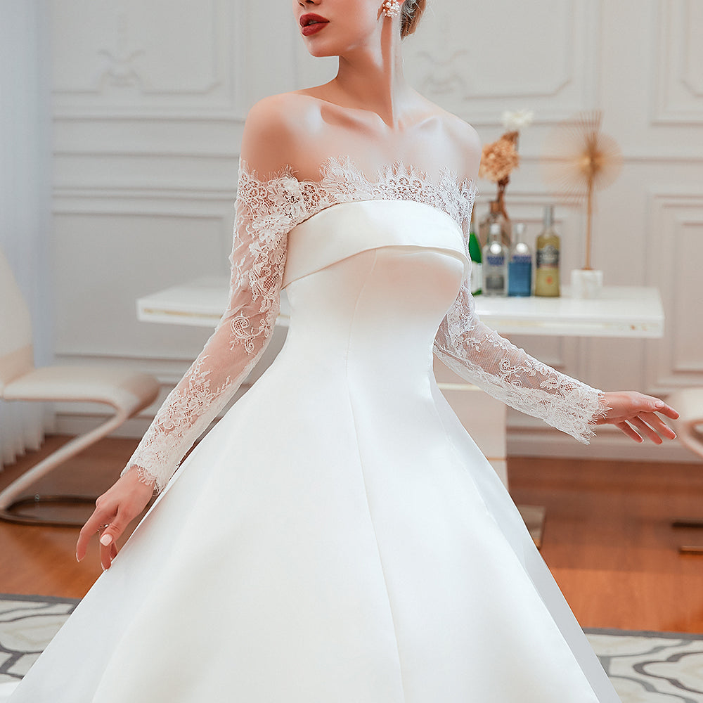 
                      
                        Stunning Off-the-Shoulder Long Sleeve A-Line Satin Wedding Dress with Lace
                      
                    