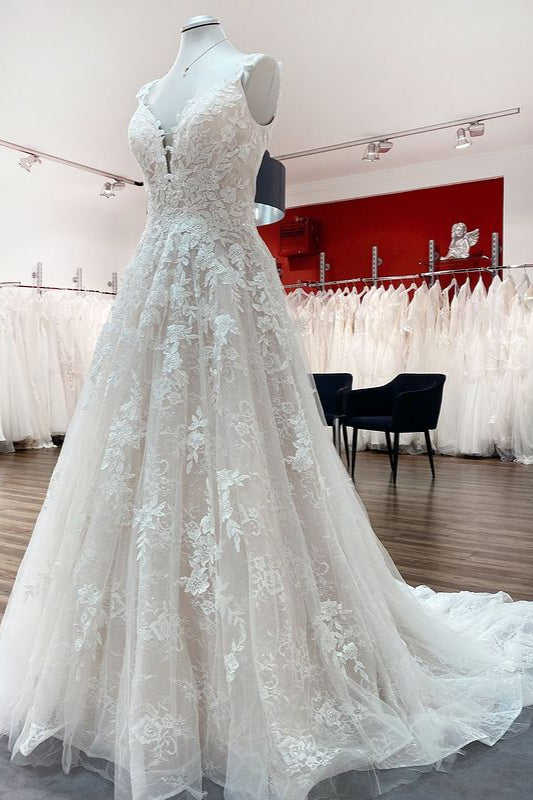 
                      
                        V-Neck Long A-Line Wedding Dress with Ruffles, Open Back, and Tulle Lace
                      
                    