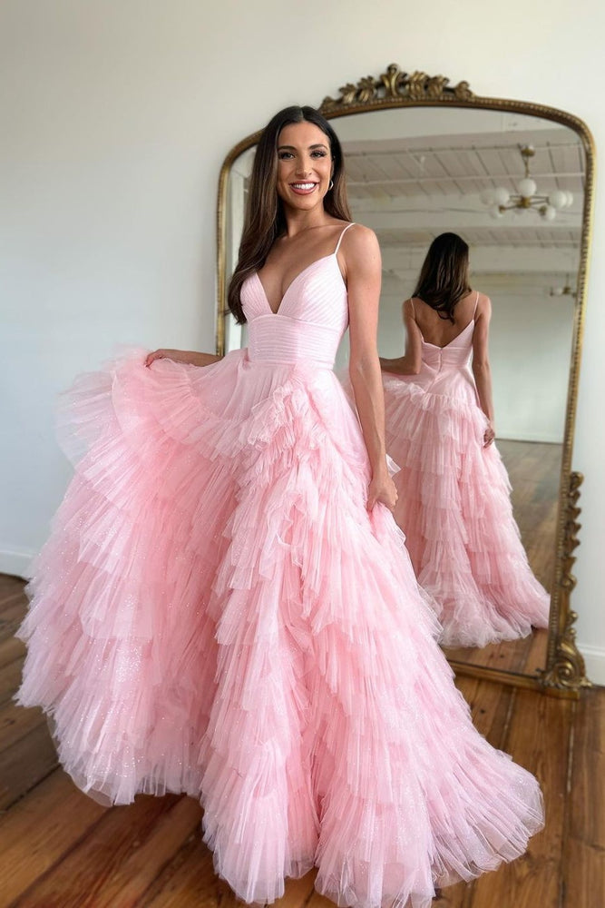 Pink Sleeveless Spaghetti Strap Tulle Mermaid Prom Dress