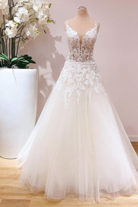 Spaghetti Strap A-Line Floor-Length Wedding Dress with Lace Tulle Appliques