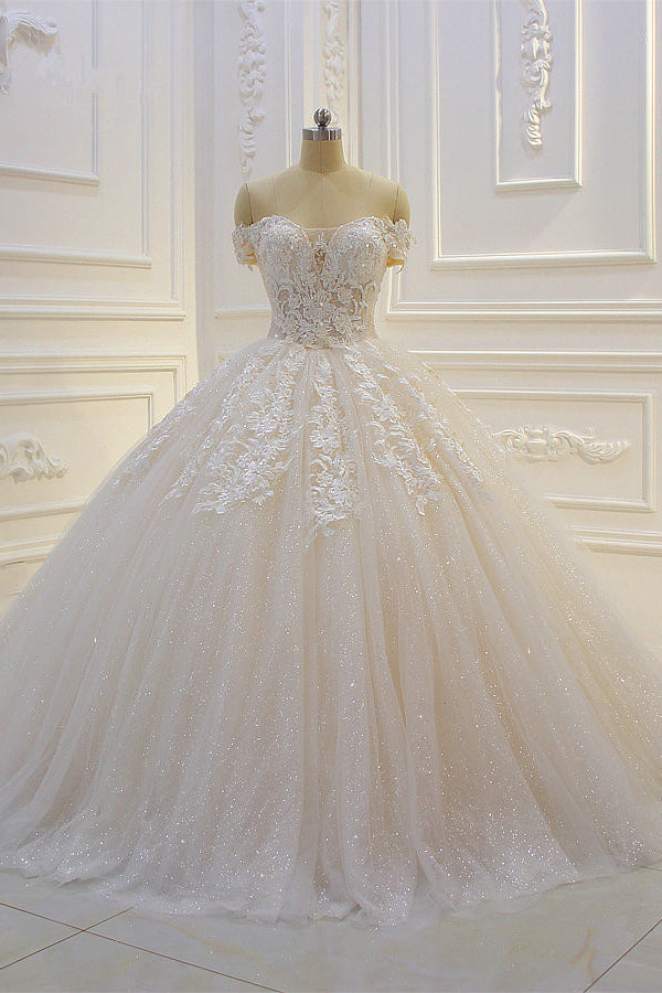 Off-the-Shoulder Sweetheart Ball Gown Wedding Dress with Sequin Lace Appliques