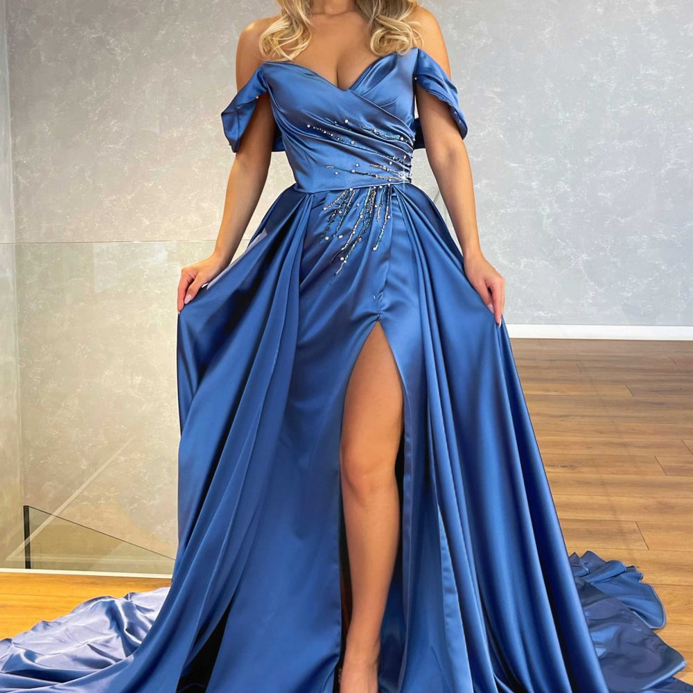 Off-the-Shoulder Blue Split Prom Dress Overskirt with Beadings