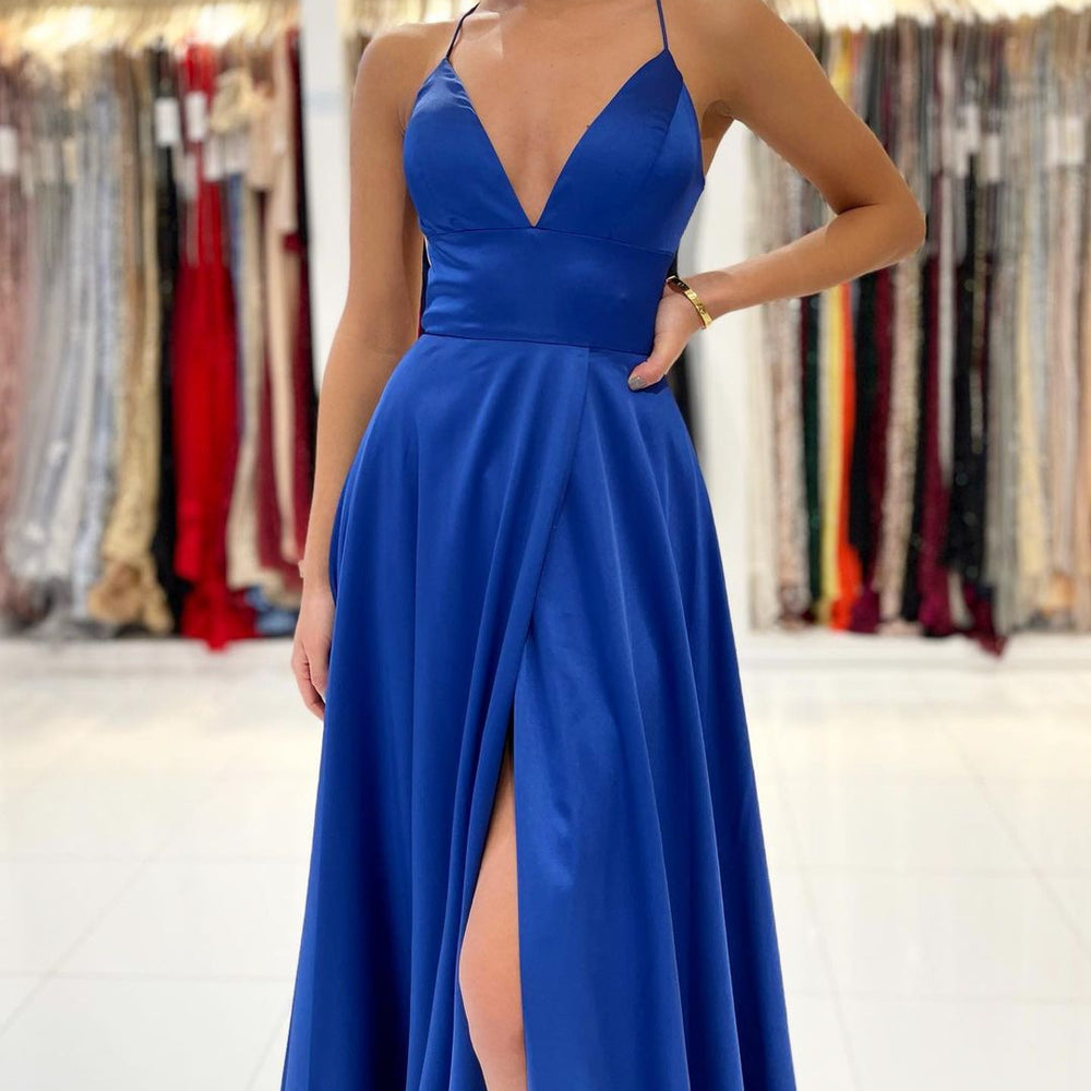 
                      
                        Royal Blue Spaghetti Strap V-Neck Prom Dress with Slit
                      
                    