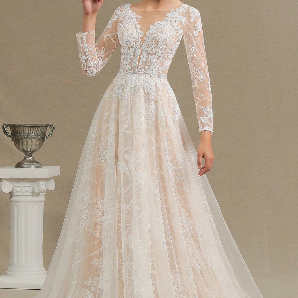 
                      
                        Sheer Long Sleeve A-Line Illusion Tulle Wedding Dress with Lace
                      
                    