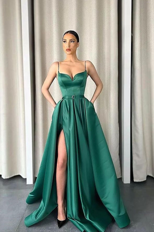 663. Dark Green Spaghetti-Straps V-Neck Long A-Line Prom Dress with Split