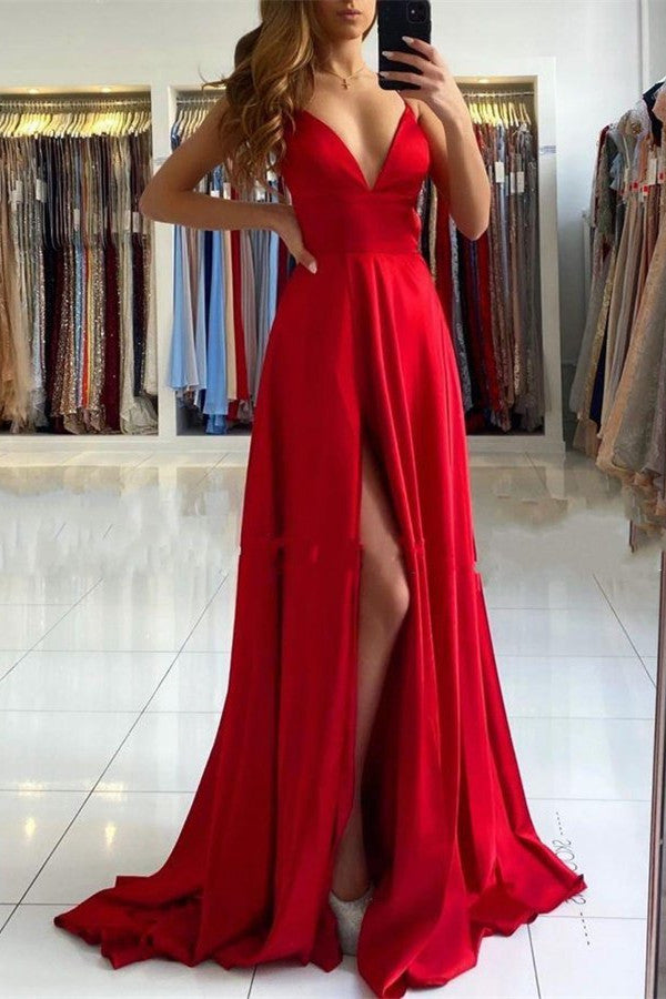 654. Red V-Neck Prom Dress with Split