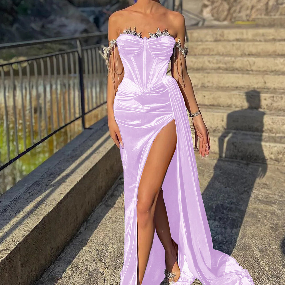 
                      
                        Velvet Off-the-Shoulder Beads Split Mermaid Prom Dress with Ruffles
                      
                    