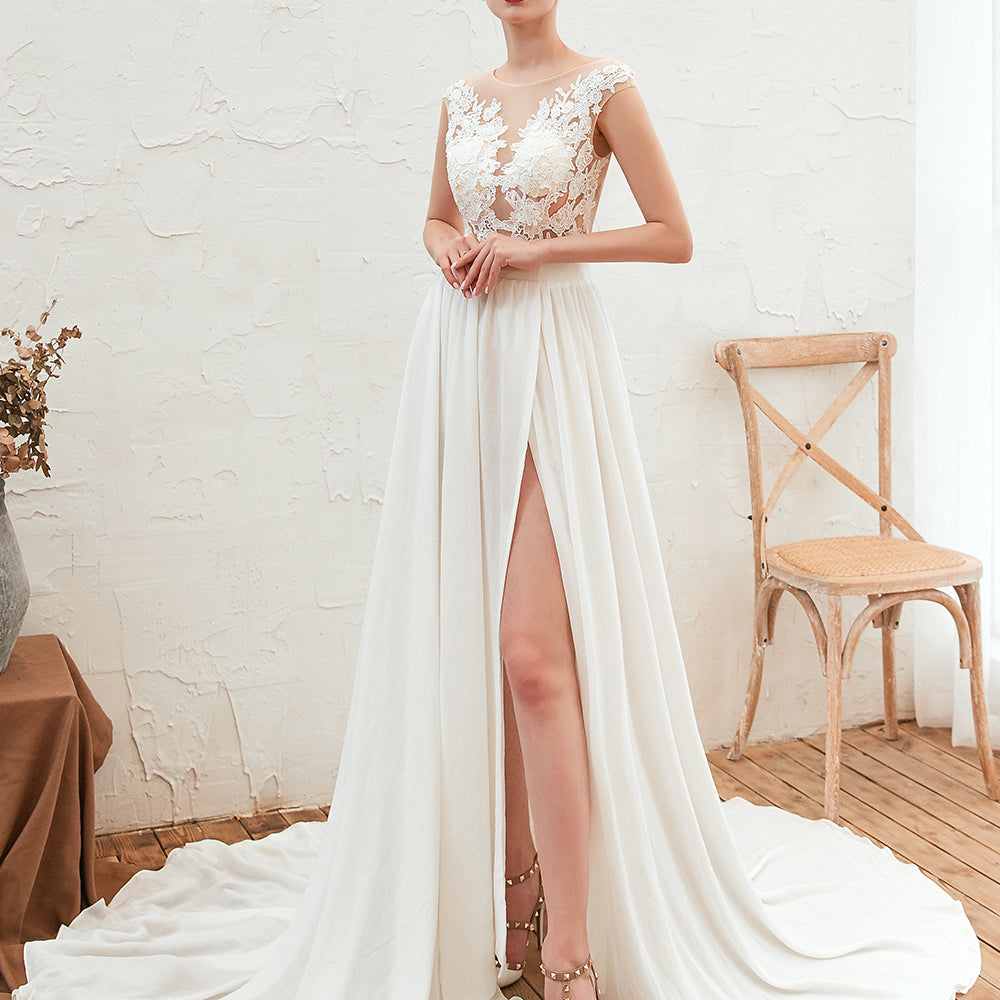 Bateau Neck A-Line Chiffon Wedding Dress with Lace Appliques, Ruffles, and Slit