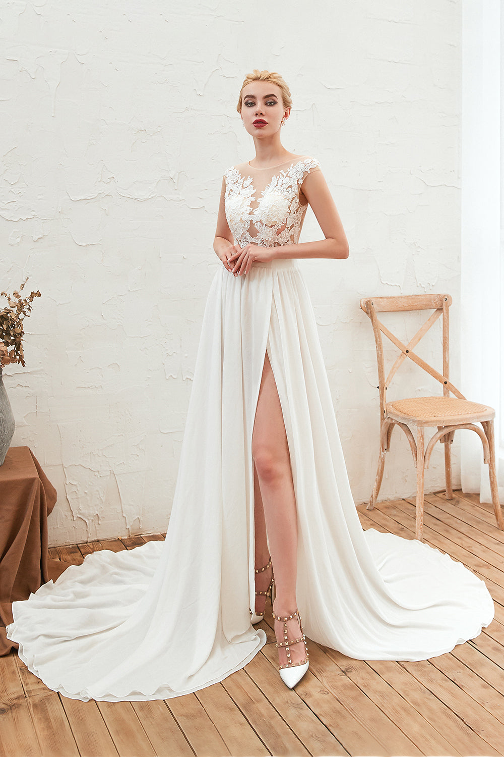 Bateau Neck A-Line Chiffon Wedding Dress with Lace Appliques, Ruffles, and Slit