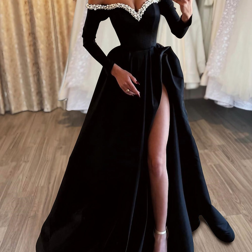 
                      
                        Black Prom Dress Long A Line Pleated High Slit
                      
                    