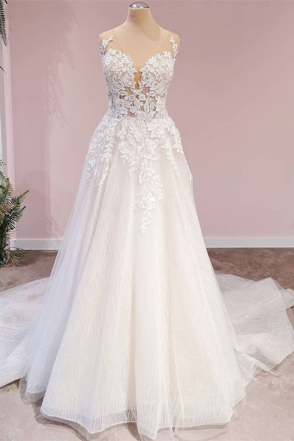 Sweetheart A-Line Backless Wedding Dress with Lace Appliques and Tulle