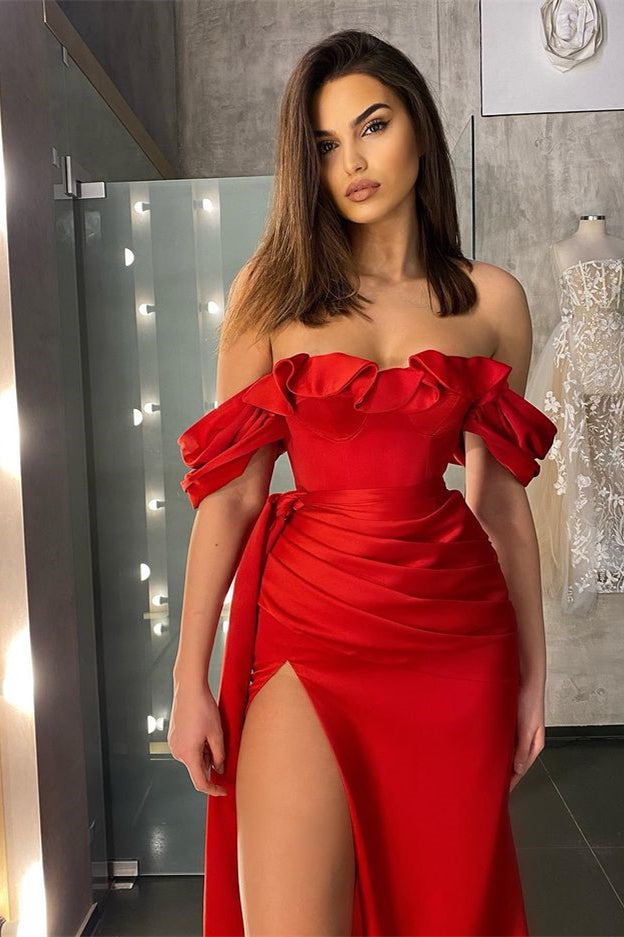 
                      
                        Red Off-the-Shoulder Prom Dress with Slit Ruffles
                      
                    