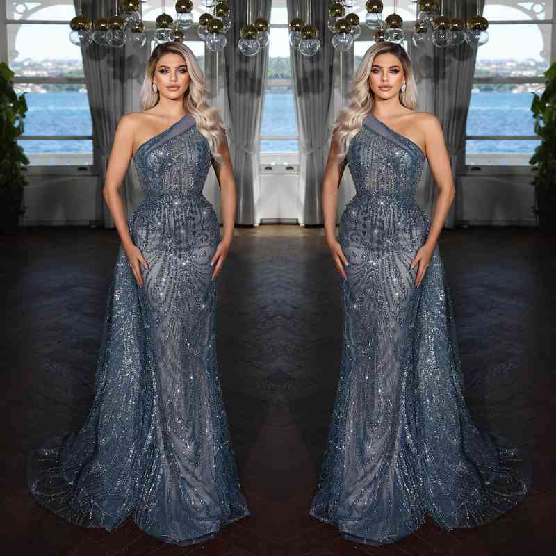 
                      
                        Elegant Dark Blue One Shoulder Mermaid Evening Dress with Sequins Applique
                      
                    