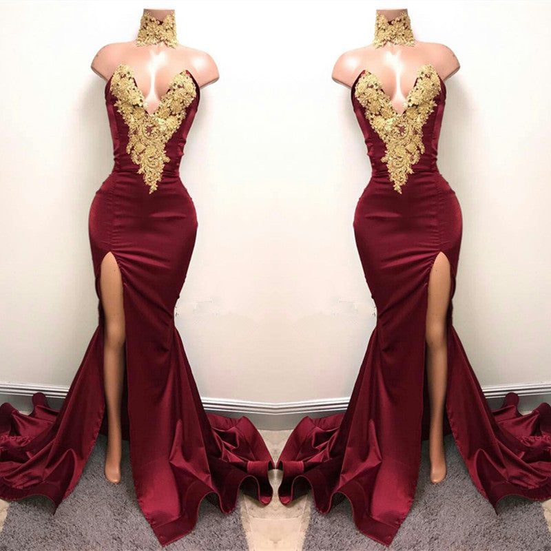 
                      
                        Burgundy V-Neck Mermaid Prom Dress with Split and Lace Appliques
                      
                    