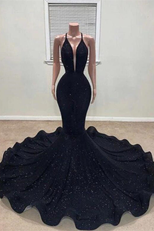 Black Halter Mermaid Prom Dress with Sequins