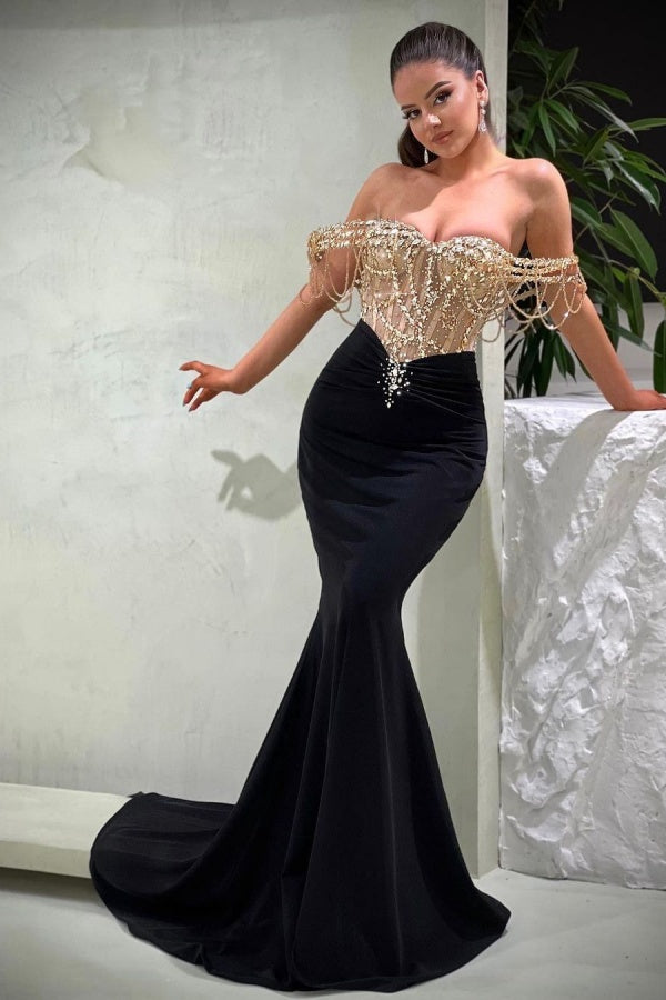 Black Sequin Mermaid Prom Dress Off The Shoulder Strapless Beaded Gown