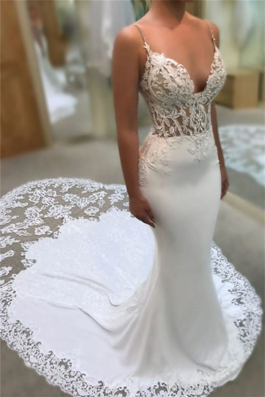 Spaghetti Strap V-Neck Applique Mermaid Wedding Dress