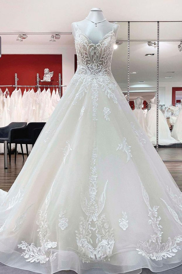 V-Neck Spaghetti Strap Ball Gown Tulle Wedding Dress with Lace Ruffles