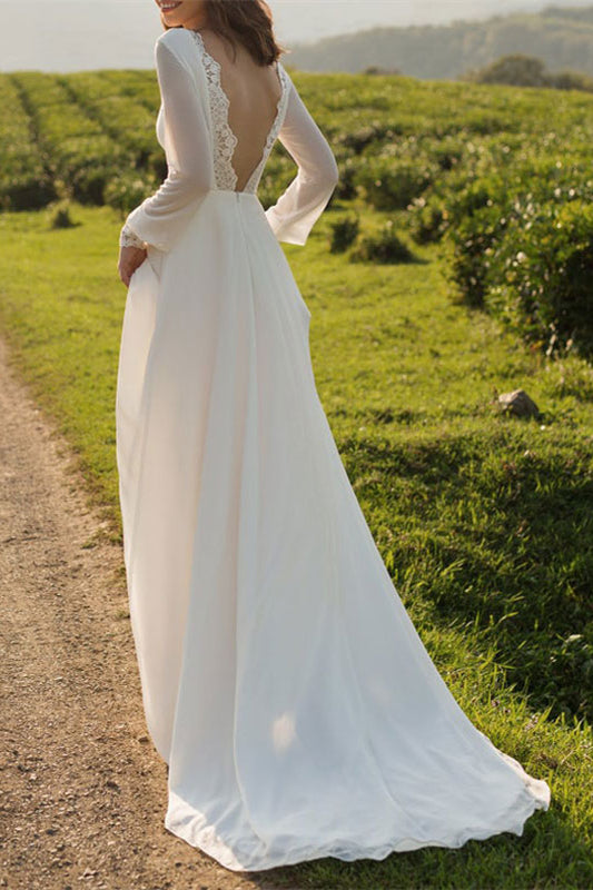 
                      
                        Bateau Neck Long Sleeve Tulle Boho A-Line Wedding Dress with Open Back
                      
                    