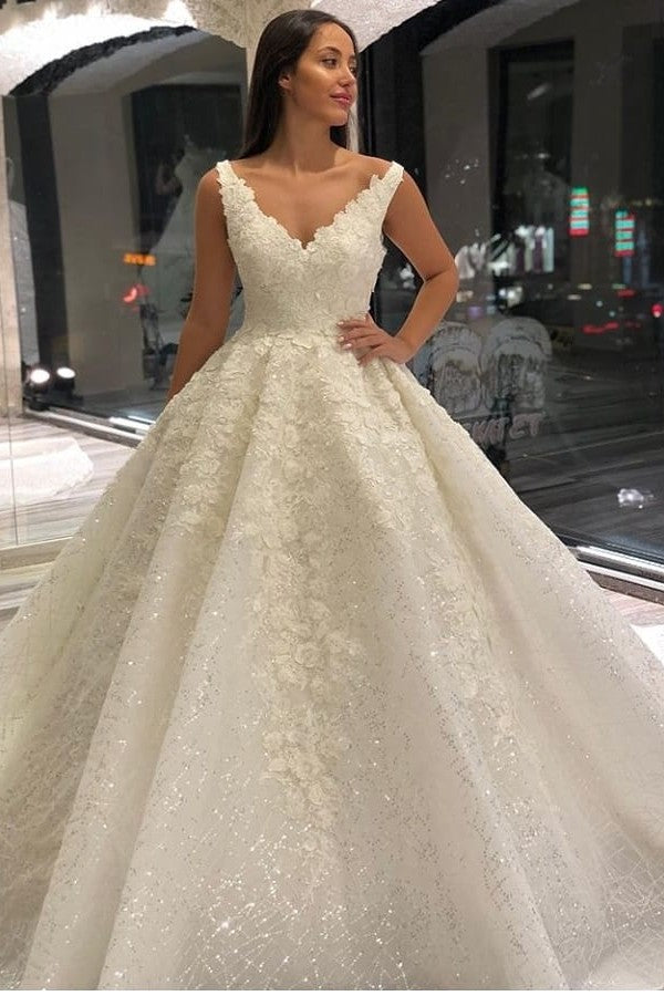 A-Line Deep V-Neck Floor-Length Wedding Dress with Lace and Sequin Appliques