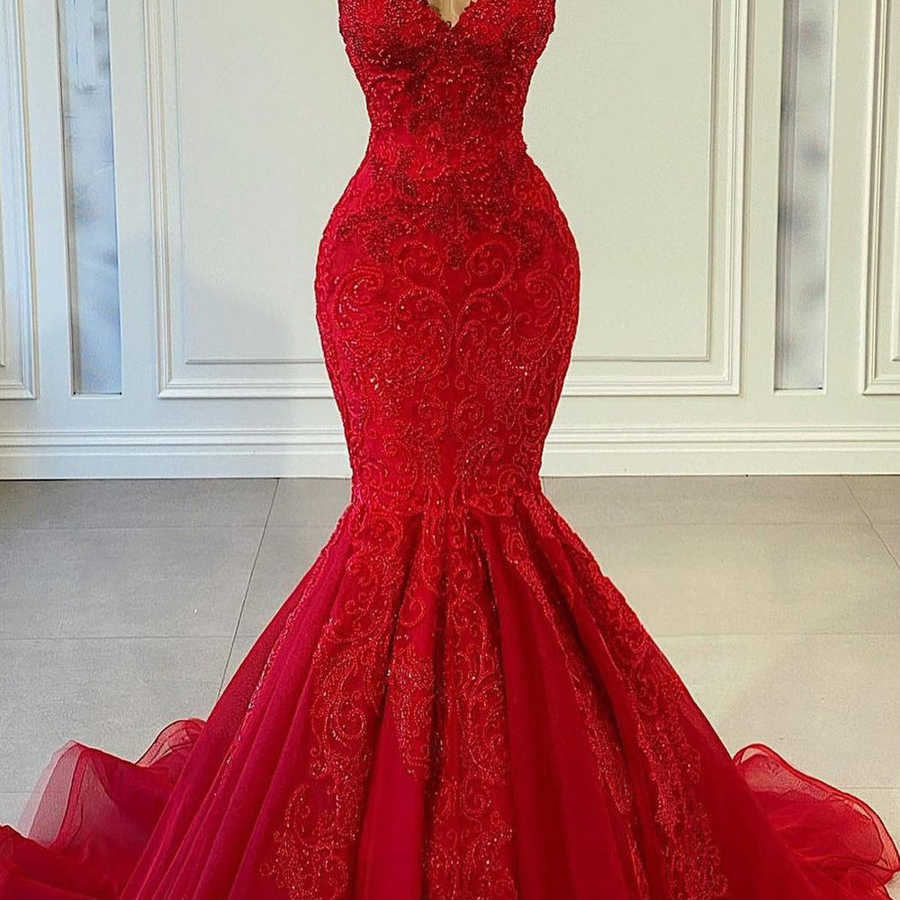 Red Sweetheart Sleeveless Mermaid Prom Dress with Beadings